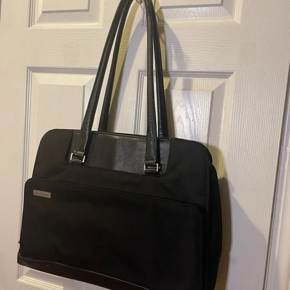 Victorinox Swiss Black Canvas &leather laptop Bag Briefcase silver tone hardware